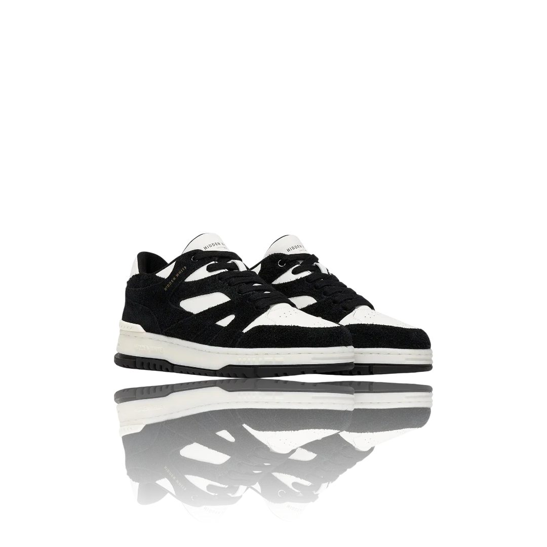 White Black Suede-Trimmed Leather Sneakers