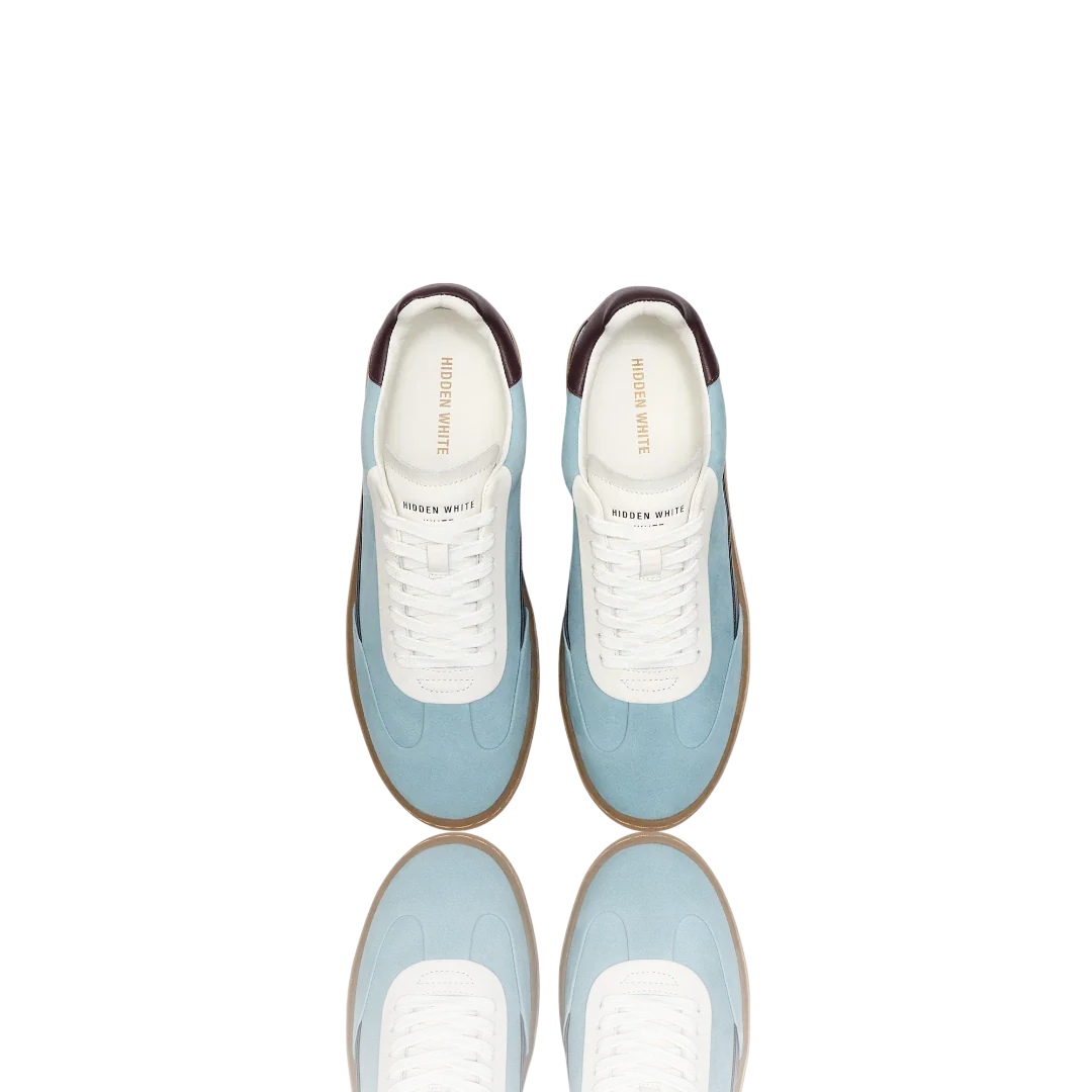 Pale Blue Burgundy White Leather-Trimmed Suede Sneakers