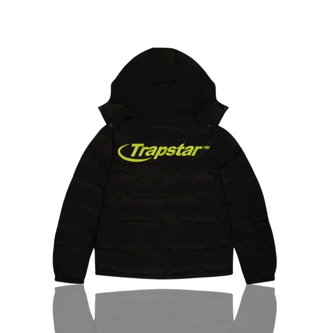 Trapstar Black and Lime Hyperdrive Detachable Hooded Puffer Jacket